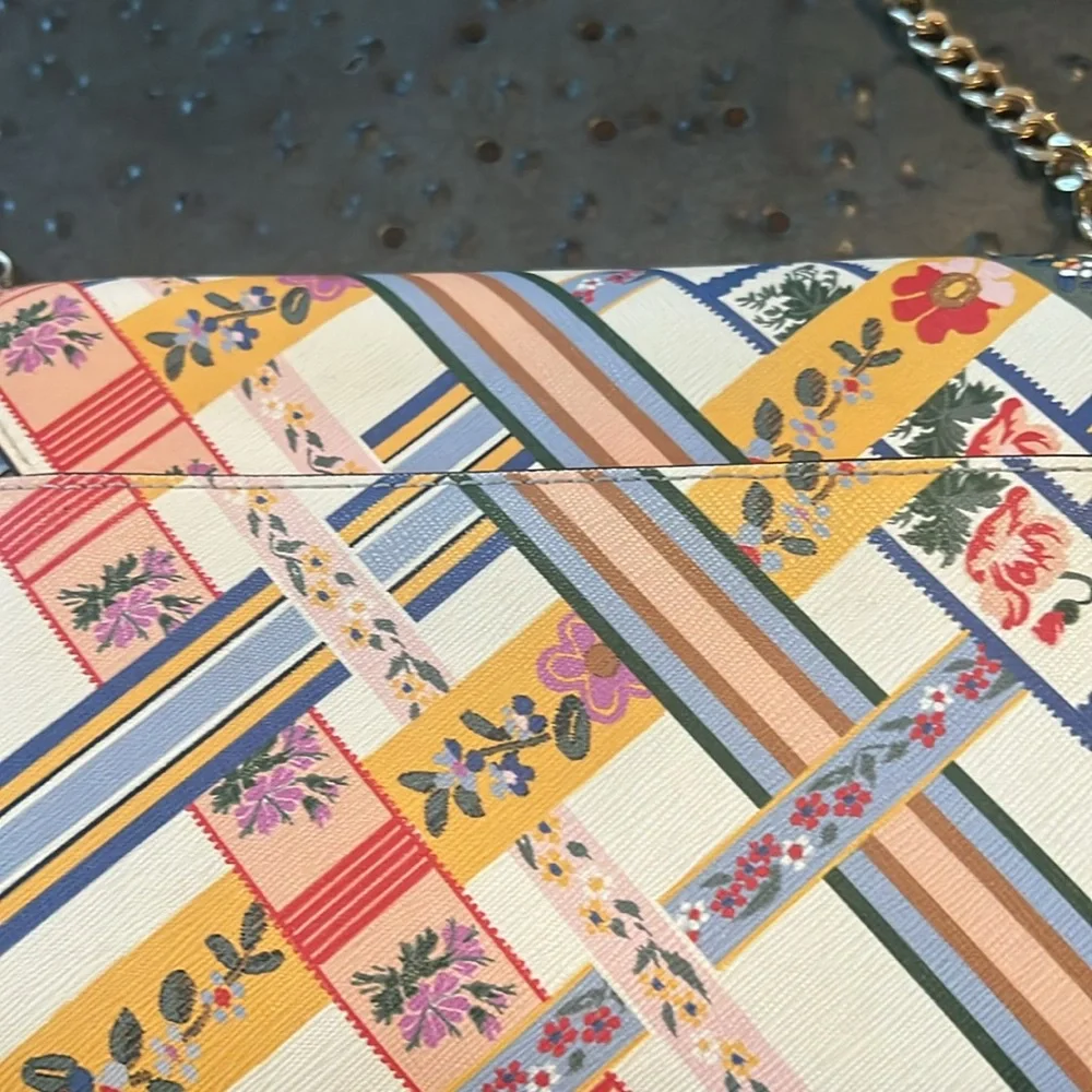 Tory Burch Kerrington Ribbon Weave Bias small Crossbody, cream w red, blue, gold - Picture 4 of 9